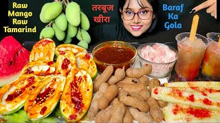 Eating Raw Mango Tamarind Watermelon Baraf Ka Gola  Ice Asmr  Sour Mango Asmr  Foodie Darling [upl. by Earas]