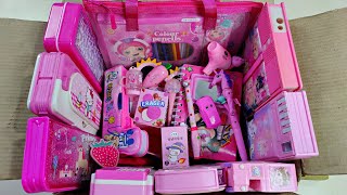 Box full of cute pink stationery items pencil box boxing pen retractable eraser colour kit toy [upl. by Assilana544]