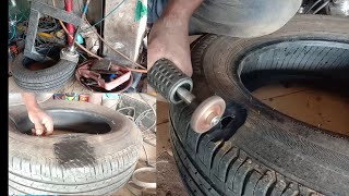 Tubeless tyre cut repair vulcanizing  Tyre puncture repair [upl. by Wulf]