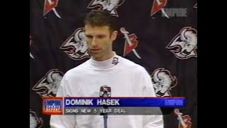 Dominik Hasek signs new 5year deal with the Buffalo Sabres March 19 1998 [upl. by Ydnec429]