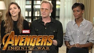 Avengers Infinity War Elizabeth Olsen Paul Bettany and Letitia Wright FULL INTERVIEW [upl. by Anez]