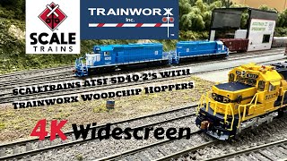 Santa Fe SD402s with Trainworx Woodchip Hoppers 4K Widescreen Full Length railway [upl. by Ain502]