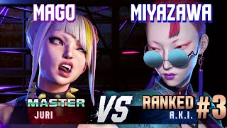 SF6 ▰ MAGO Juri vs MIYAZAWA KIRYU 3 Ranked AKI ▰ High Level Gameplay [upl. by Colpin216]