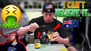 American Reacts to AMERICAN INHALES 2 VEGEMITE JARS IN 3 MIN [upl. by Galloway630]