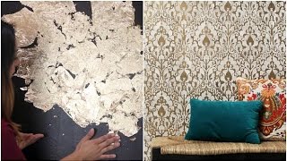 How to Stencil a Gold Leaf Damask Design Accent Wall for Boho Chic DIY Decorating [upl. by Yanel]