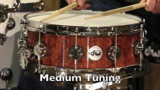 DW Collectors Snare Drum Exotic Waterfall Bubinga 5x14 [upl. by Navnod392]