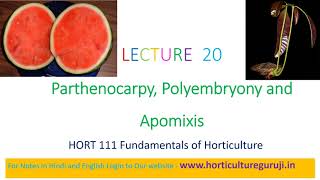 HORT111 Lecture 20 Parthenocarpy Polyembryony Apomixis  अनिषेकफलन बहुभ्रूणता और असंगजनन [upl. by Sisenej646]