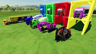 TRANSPORTING COLORED EXCAVATORMIXER CEMENT TRUCKLOGISTIC CARGO TRUCK TO GARAGE WITH TRUCKS [upl. by Teiv540]