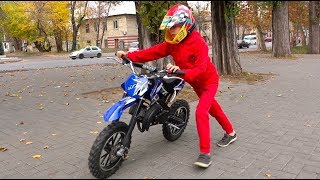 Kids Ride on Power Wheels and Pretend Play with Cross Mini Motorbike  Video for Children [upl. by Ilil]