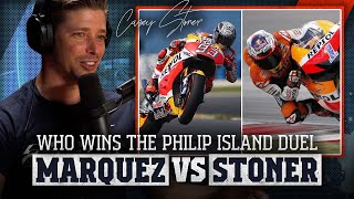 Casey Stoner vs Marc Marquez at Phillip Island  Who wins the shootout between two MotoGP GREATS [upl. by Akcirred]