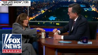 Harris cracks a beer with Stephen Colbert as millions flee Hurricane Milton [upl. by Ahsinotna7]