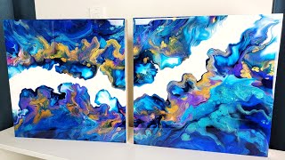 AZURE  GOLD Diptych 💙 Easy COLOR SPLIT Acrylic Pouring  Fluid Abstract Art for Beginners [upl. by Aicre297]