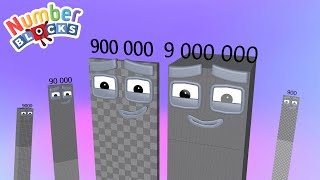 Numberblocks Standing Tall Comparison 9 90 900 9000 900000 to 9 Million Numberblocks Number Pattern [upl. by Anwadal]