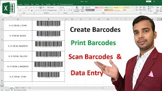 How to Crate Barcode in excel Print Barcode Scan barcode and automatically data entry in MS Excel [upl. by Kenn]