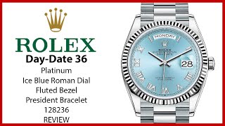 ▶ Rolex DayDate 36 Platinum Ice Blue Roman Fluted Bezel President 128236  REVIEW [upl. by Morrill732]