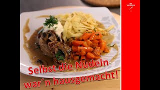 Schweinefiletmedaillons in Champignonrahmsauce dazu hausgemachte Tagliatelle und glacierte Karotten [upl. by Llertnek494]