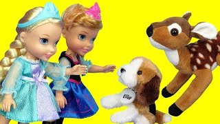 Elsa and Anna toddlers feed cute stuffed animal pets [upl. by Hurley]