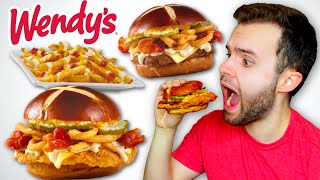 Trying Wendys PRETZEL BACON PUB Full Menu Fries Chicken Sandwich  Cheeseburger REVIEW [upl. by Onnem]