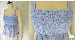 How I Sewed my Basic Shirred Top with Shoulder Ties amp Embroidered Peplum Details [upl. by Ana]