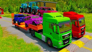 Double Flatbed Trailer Truck vs Speedbumps vs Train vs Cars  Tractor vs Train  BeamngDrive 006 [upl. by Victory]