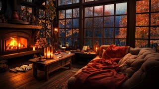 Rainy Autumn Day with Crackling Fireplace in a Cozy Hut Ambience  Relax Sleep or Study [upl. by Krause728]