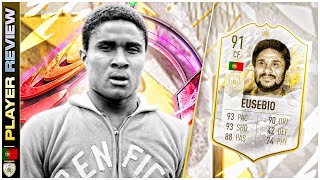 ICON 91 RATED EUSEBIO PLAYER REVIEW  FIFA 22 ULTIMATE TEAM  BEST STRIKER IN THE GAME [upl. by Rita]