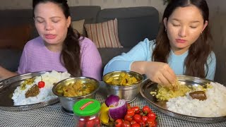 जाडोमा तातो तातो खसीको झोल सॅग bhat spicy अकबरे खुर्सानी mukbang [upl. by Aehtla335]