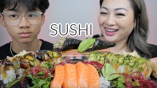 SUSHI Mukbang with Nico Temaki Cone Salmon Sashimi Specialty Rolls  NE Lets Eat [upl. by Hart20]