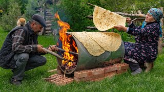 🌶️ Traditional Lavash Bread Baking Bread on a Barrel Over Wood Fire [upl. by Aket]