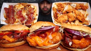 ASMR EATING BBQ BACON CHICKEN BURGERS BACON CHEDDAR BURGER CHICKEN TENDER POUTINE BACON POUTINE [upl. by Onej]