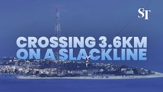 Man crosses worlds longest slackline over Messina Strait [upl. by Bounds]