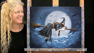 SLEEPING WITCHY  Learn How to Draw and Paint with AcrylicsEasy Halloween Paint and Sip at Home [upl. by Kerby]