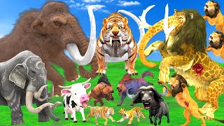 5 Giant Elephant Cow vs 5 Giant Lion Hyena Attack Tiger Baby Cow Save By Woolly Mammoth Elephant [upl. by Ailema]