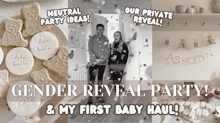 GENDER REVEAL amp PARTY Neutral theme baby gender reveal party ideas  Cute baby clothes haul [upl. by Callean]