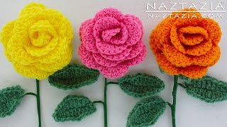 HOW to CROCHET a BEGINNER EASY FLOWER  DIY Rose Rosas Bouquet Flowers Leaf Leaves Stem Tutorial [upl. by Ram]