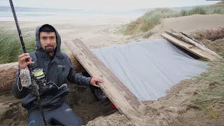 Dugout Shelter in the Sand  Camping Crabbing Cooking in a Storm [upl. by Zerelda]