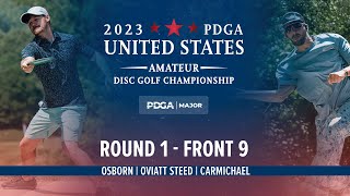 2023 PDGA US Amateur Disc Golf Championships  R1F9  Osborn Oviatt Steed Carmichael [upl. by Nilyak]