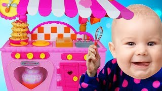 Funny Baby Pretend Cooking With Cute Kitchen [upl. by Dublin]