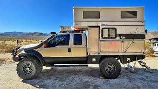 Jon Burtts F250 MONSTER 4x4 Flat Bed Truck Camper on 40s  Exterior WALK THROUGH [upl. by Hofstetter]