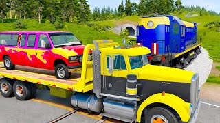 Double Flatbed Trailer Truck vs speed bumps Busses vs speed bumps Beamng Drive [upl. by Carlie]