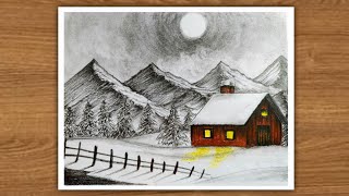 Simple snowy landscape scenery drawing by pencil with easy way ll Winter season landscape drawing [upl. by Tallu]