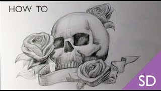 How to Draw a Skull with Roses Tattoo  Skull Drawings [upl. by Kaila59]