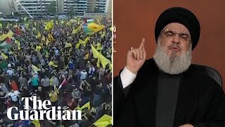 Crowds in Beirut cheer as Hezbollah leader taunts Israel in speech [upl. by Nocaed114]