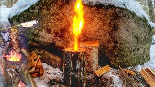 Build NATURAL WOOD ROCKET STOVE  No Drill  Cook Meat Kabobs Inside Primitive Log Oven [upl. by Mcdermott168]