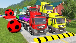 Double Flatbed Trailer Truck vs Speedbumps Train vs Cars  Tractor vs Train BeamngDrive 10 [upl. by Htrow]