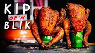 KIP op een bier BLIK BBQ Beer Can Chicken  Hele kip op Kamado recept [upl. by Florie310]