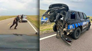 Car Crashes Into Police Car in the Middle of Empty Highway [upl. by Meurer429]