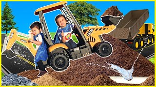 Excavator digging dirt at construction site with kids ride on backhoe digger and excavator bulldozer [upl. by Eimirej]