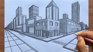 How to Draw using Two Point Perspective Draw a Town Stepbystep [upl. by Koblas]