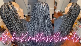 How To Boho Knotless Box Braids With Human Hair Curls  Hair Detals  How Many Pieces Added [upl. by Elmaleh]